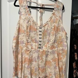 Torrid Floral Lace-Up Tank Top - Cream, Orange, Purple